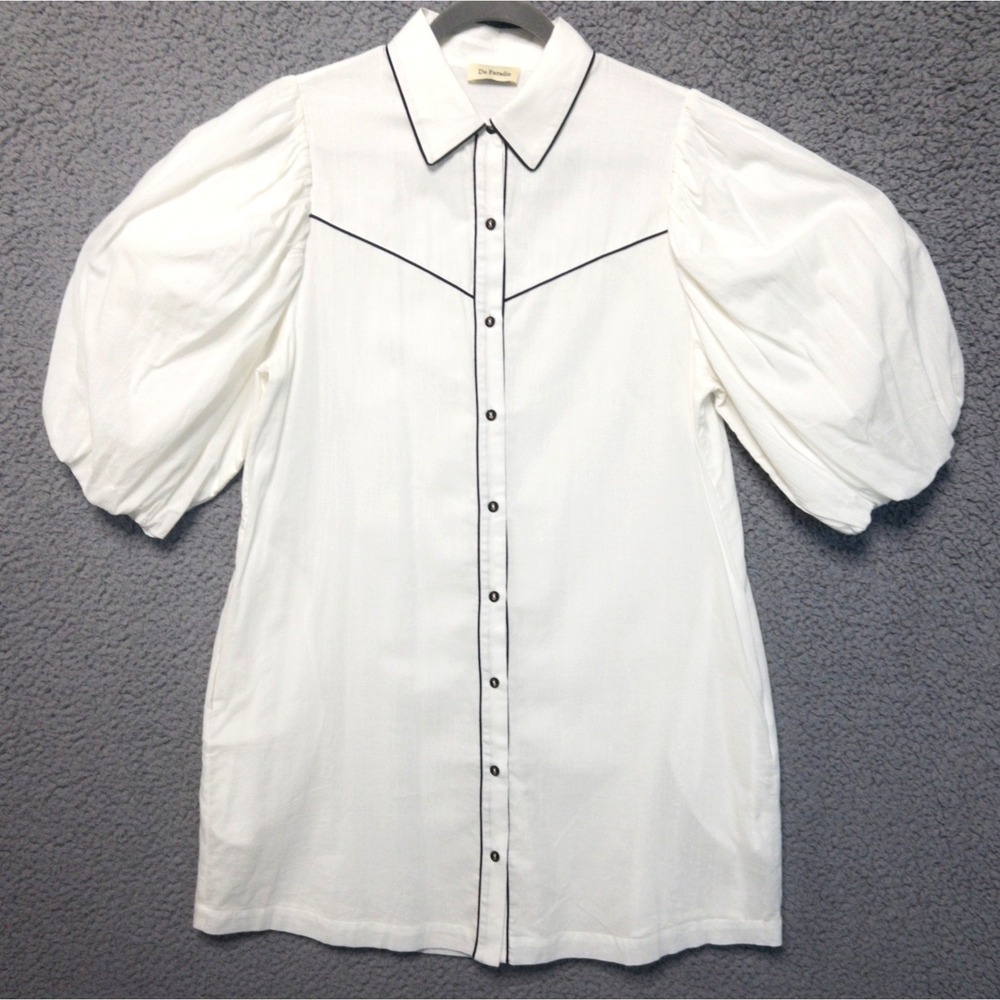 Du Paradis Western Puff Sleeve Pocket Button Up Mini Shirt Dress Womens M L $190